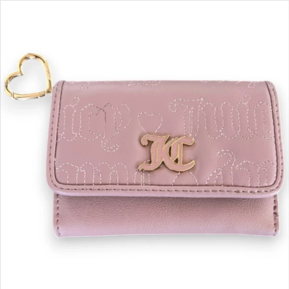 Juicy Couture Pink Embossed Logo Tri Fold Card Case With Heart Keychain